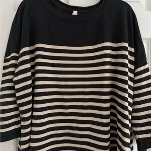 Pact Navy Blue and Cream Striped Crew Neck Sweater